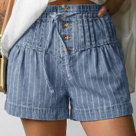 Sky Blue Stripe Drawstring Button Pleated High Waist Denim Shorts